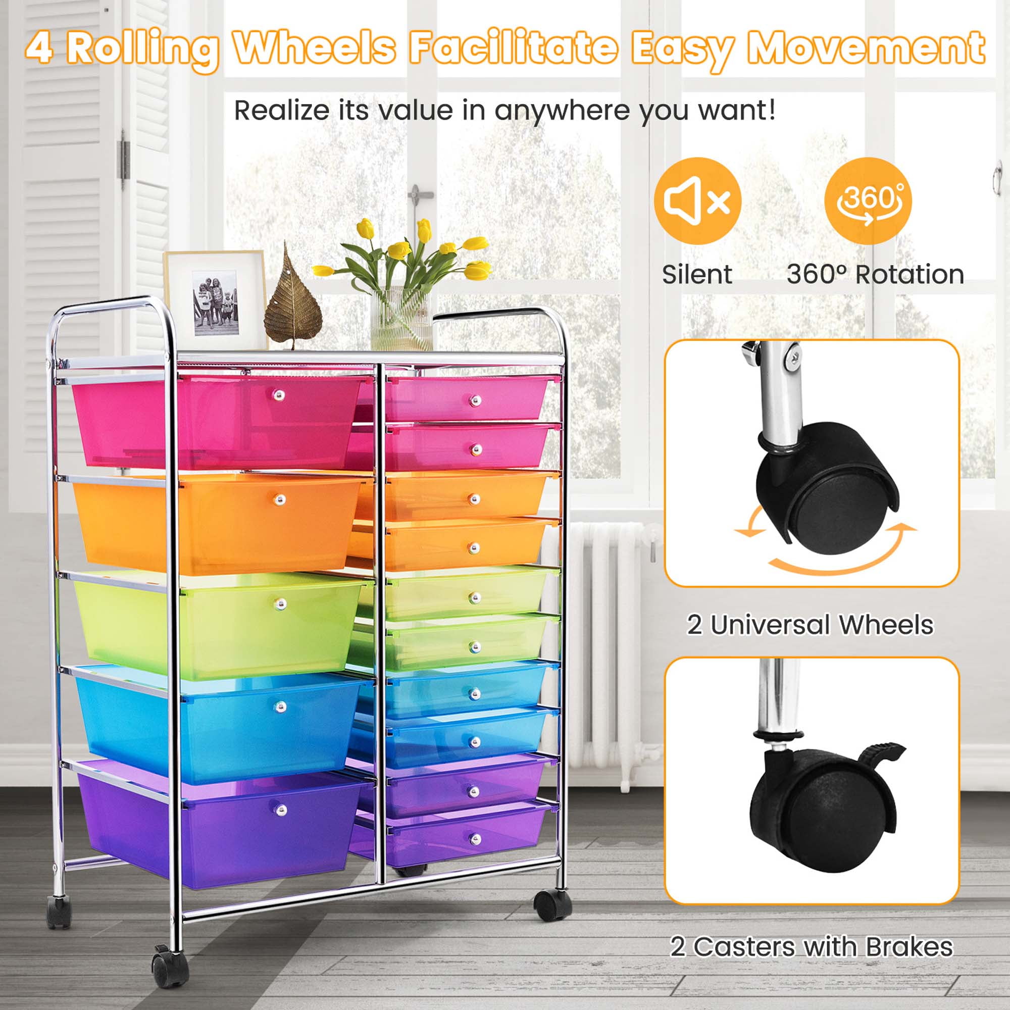 RELAX4LIFE Storage Drawer Carts W/15-drawerrolling Wheels Semi-Transparent Multipurpose Mobile Rolling Utility Cart for School Office Home Beauty Salo