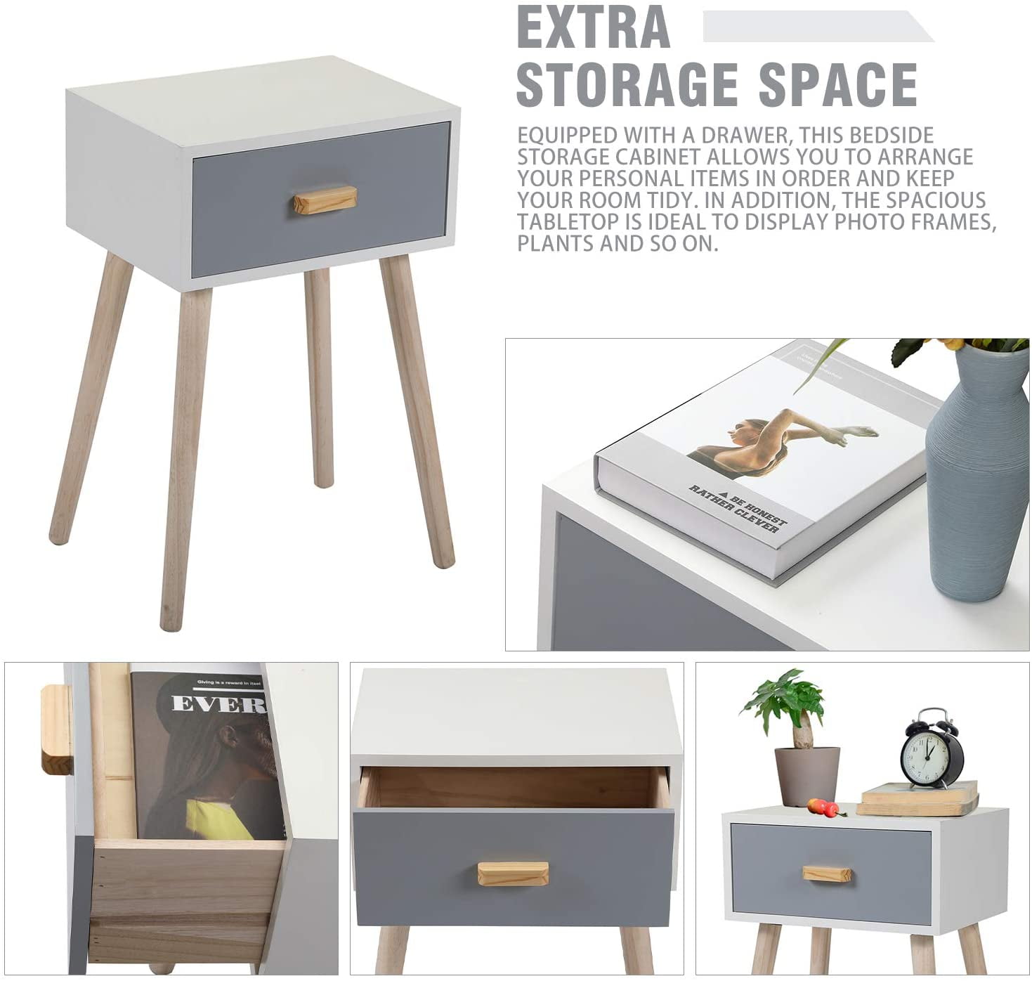 Set of 2 Nightstand w/Storage Drawer, Mid-Century Bedside Table for Bedroom Living Room Home Furniture