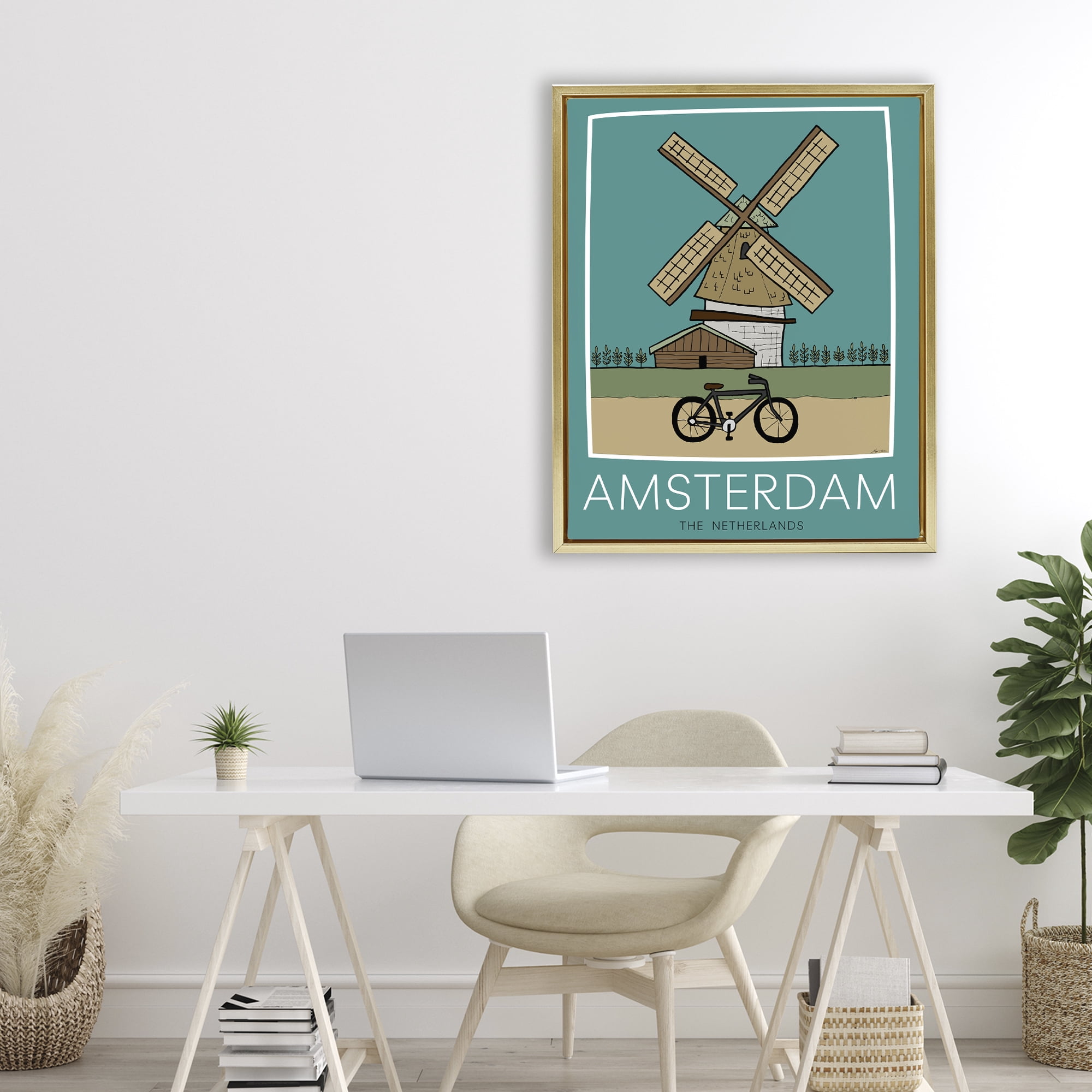 Stupell Industries Amsterdam Windmill Poster Gold Framed Floater Canvas Wall Art, design by Hugo Edwins