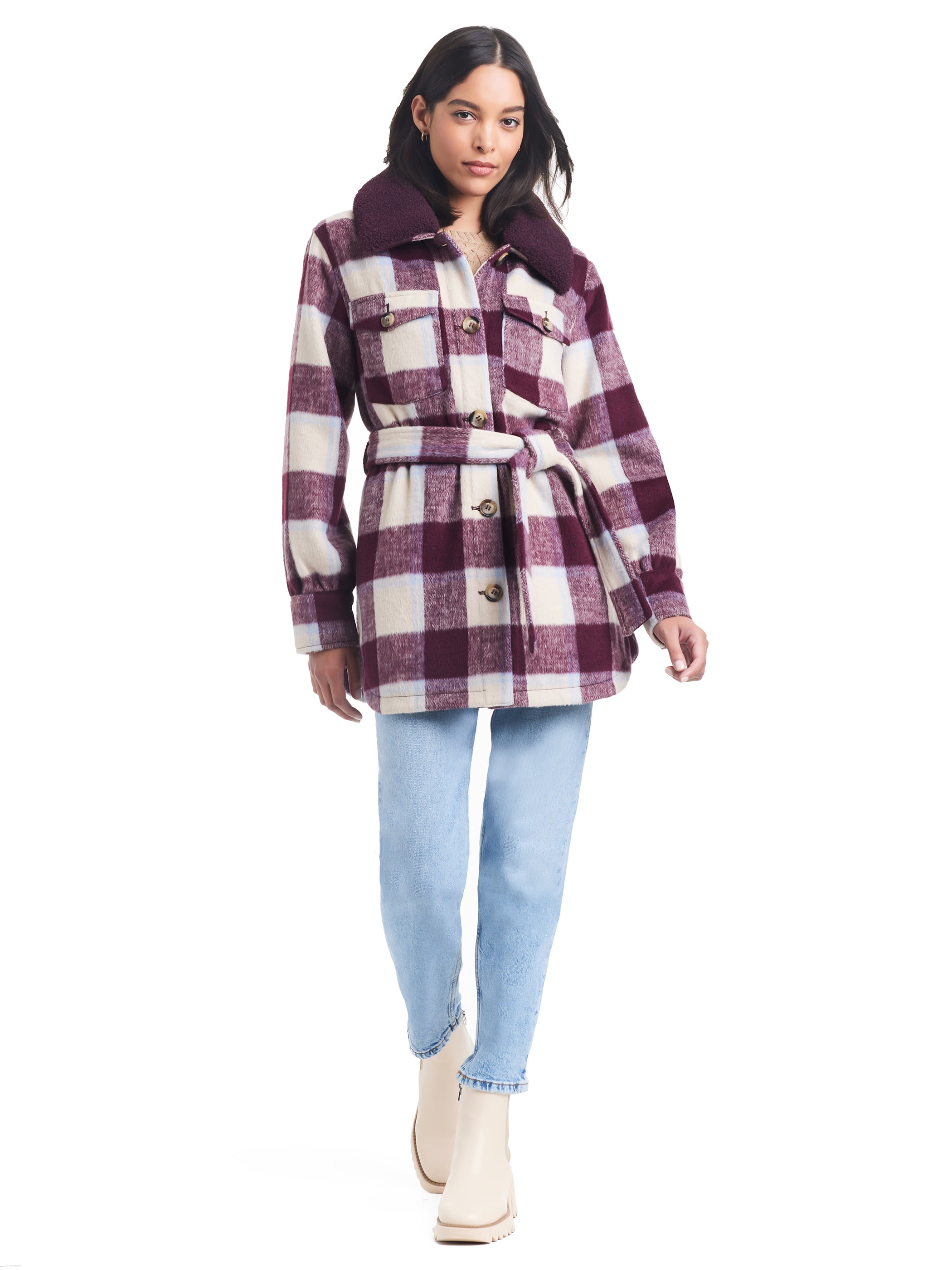 Sam & Libby Ladies Long Sleeve Faux Wool Plaid Shacket