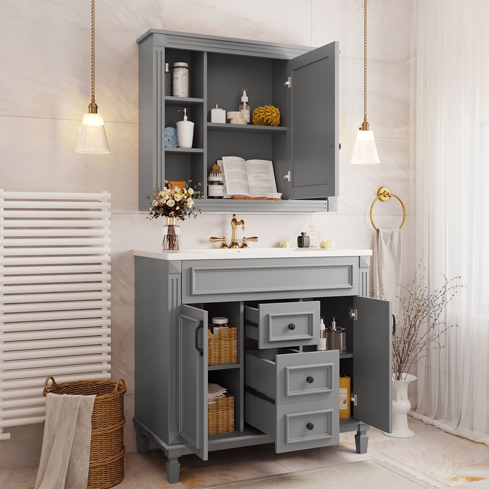 Harper & Bright Designs 36'' Bathroom Vanity Cabinet with Sink Combo Set and Mirror Cabinet, Modern Bathroom Storage Cabinet with 2 Soft Closing Doors and 2 Drawers, Grey