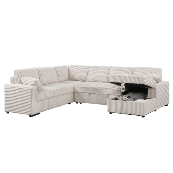 Hybition 6-Seater Sectional Sofa with Pull-out Bed, Storage Chaise, Corduroy Fabric, Modern Living Room Set-Color:Beige