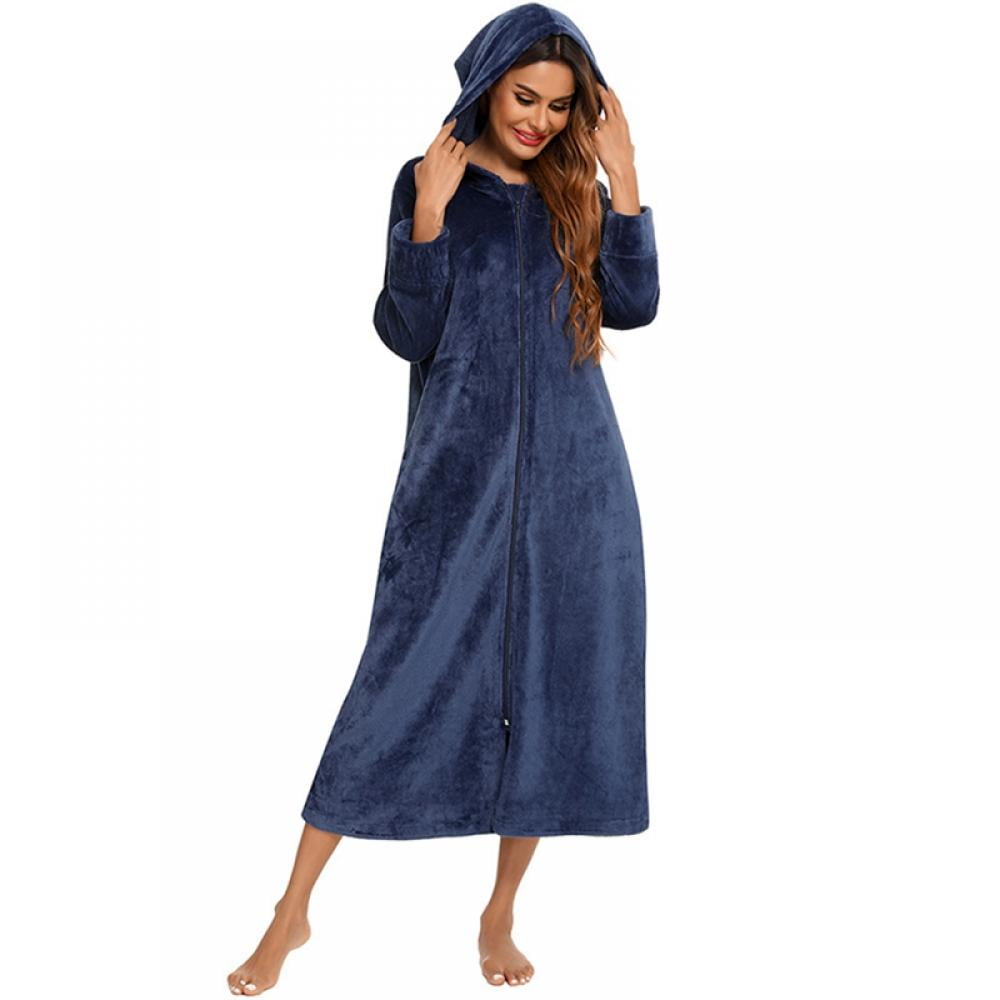 Women Fleece Hooded Bathrobe Plush Long Robe S2XL