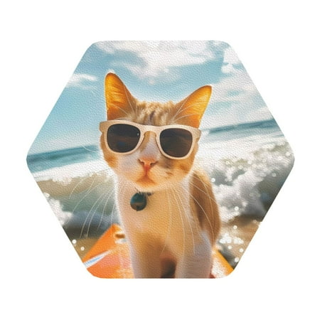 

Ocsxa Surfing Cat Sun Coasters for Drinks Leather Coasters Set of 4 for Coffee Table for Housewarming Kitchen Bar Decor One Size