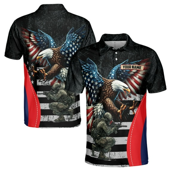 Custom Name U.S Veteran American Flag Eagle Pattern Men's Polo Shirt S-5XL