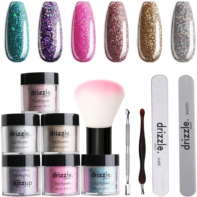 Nail Dip Powder Pink Gold Glitter 6 Color Set, Drizzle Dip Powder Dip Nail Kit DIY at Home No Light Needed, Without Dip Powder Liquid