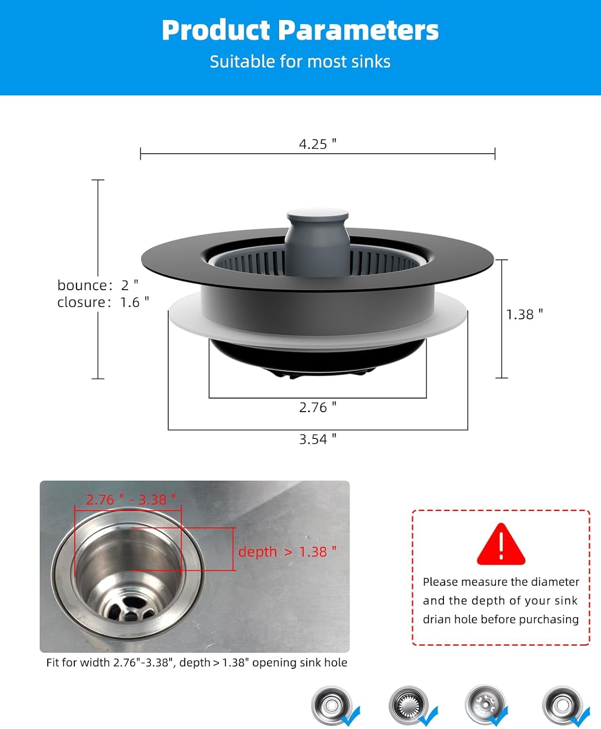 2 Pack 3 in 1 Kitchen Sink Drain Strainer and Stopper Combo, Stainless Steel Metal Pop Up Sink Stopper, Anti-Clogging Basket Strainer with Handle for US Standard 3-1/2 Inch Drain, Black