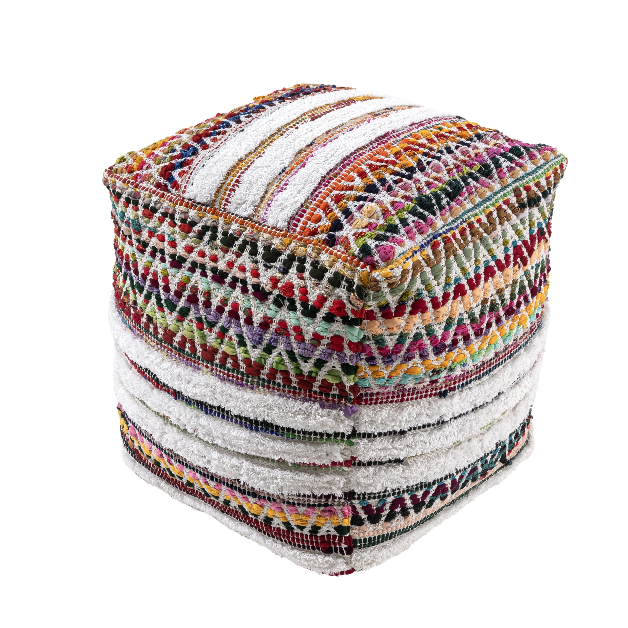 Ox Bay Roma Chindi/White Chevron Striped Medium Square Indoor Pouf Ottoman, 18" H x 18" W