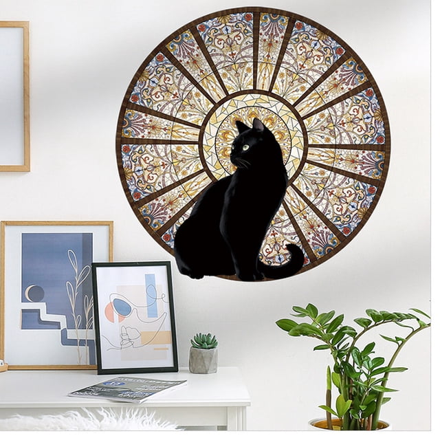 Adhesivos de pared de PVC con estampado redondo de gato negro para ventana, 40 x 40 cm