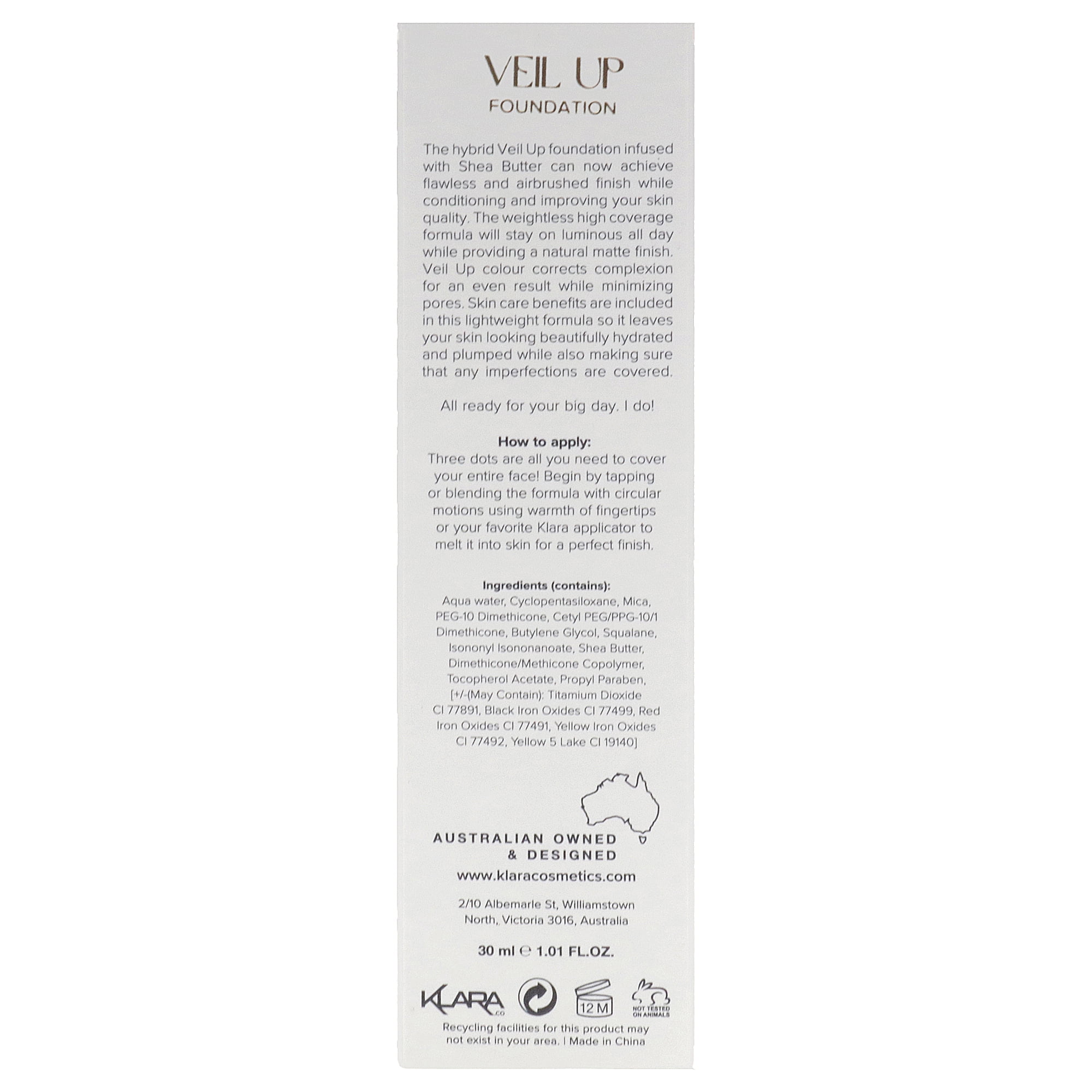 Klara Cosmetics Veil Up Foundation, Foundation Makeup, 01, 1 oz