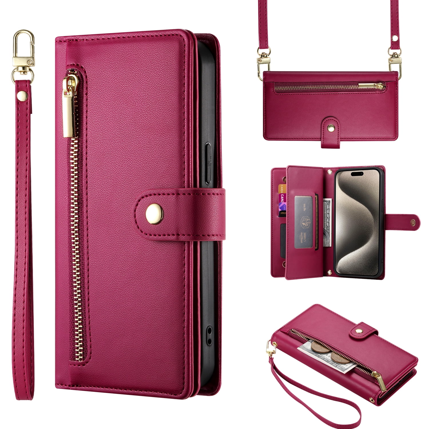 Ancove for iPhone 13 Case Wallet with 9-Card Slots Holder, iPhone 13 Wallet Case Crossbody Handbag Strap for Women Men with Zipper Pocket Book Flip PU Leather Protective Cover,Red
