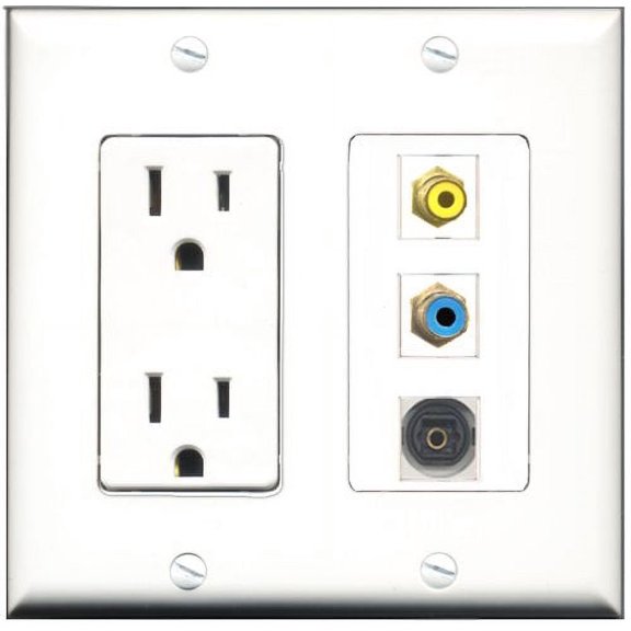 RiteAV - 15 Amp Power Outlet 1 Port RCA Yellow 1 Port RCA Blue 1 Port Toslink Decorative Wall Plate