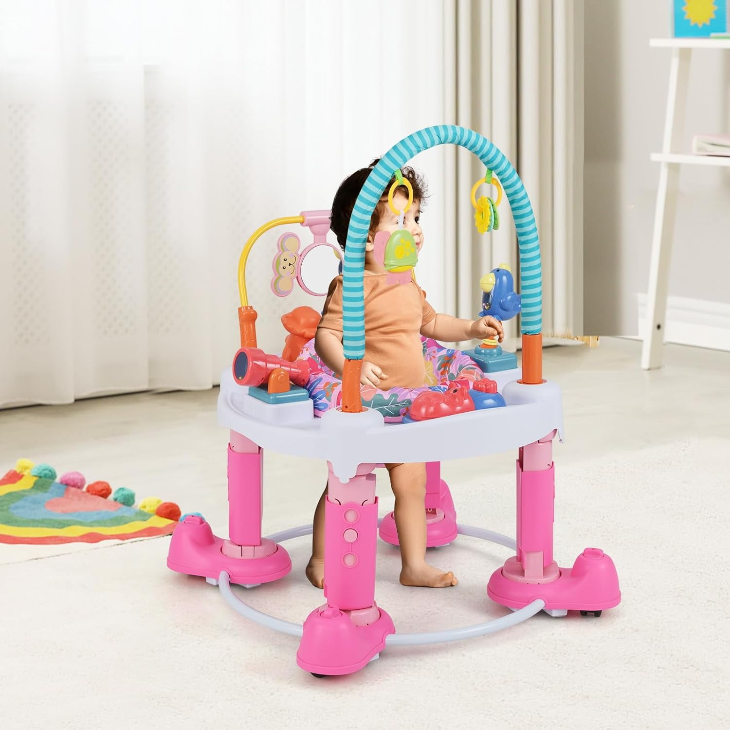 INFANS 5 in 1 Baby Activity Center with 8 Toys, Play Mat, 360°Rotating Seat, Foldable Infant Learning Table with 3 Adjustable Height for 0-24 Months