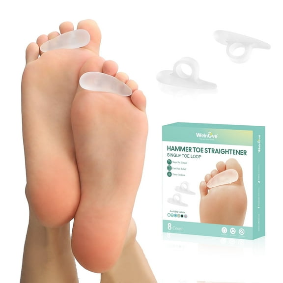 Welnove Hammer Toe Straightener Toe Corrector for Women - 8 Pcs Hammer Toe Cushion Pads for Bent, Crooked, Curled, Claw, and Hammer Toes - Soft Support and Realignment(Clear, One Loop Design)