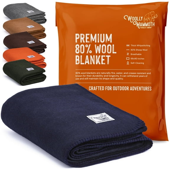 Woolly Mammoth Woolen Company, Rustic, Navy Blue, Merino Wool, Throw Blanket, Adult, 4 lbs 66" x 90"