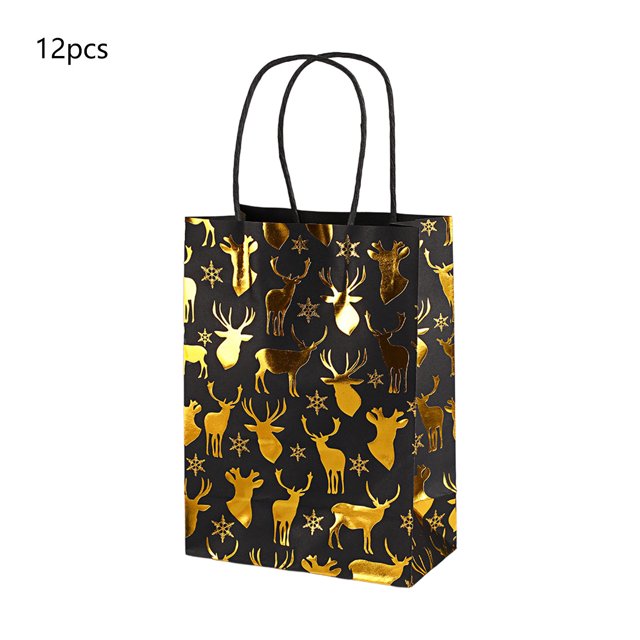 Eoozwa Christmas Party Favors Bags Black and Gold Christmas Goodie Gift Paper Bags with Handles Xmas Tree Reindeer Snowflake Candy Treat Pouch for Xmas Party Decoration Holiday Supplies