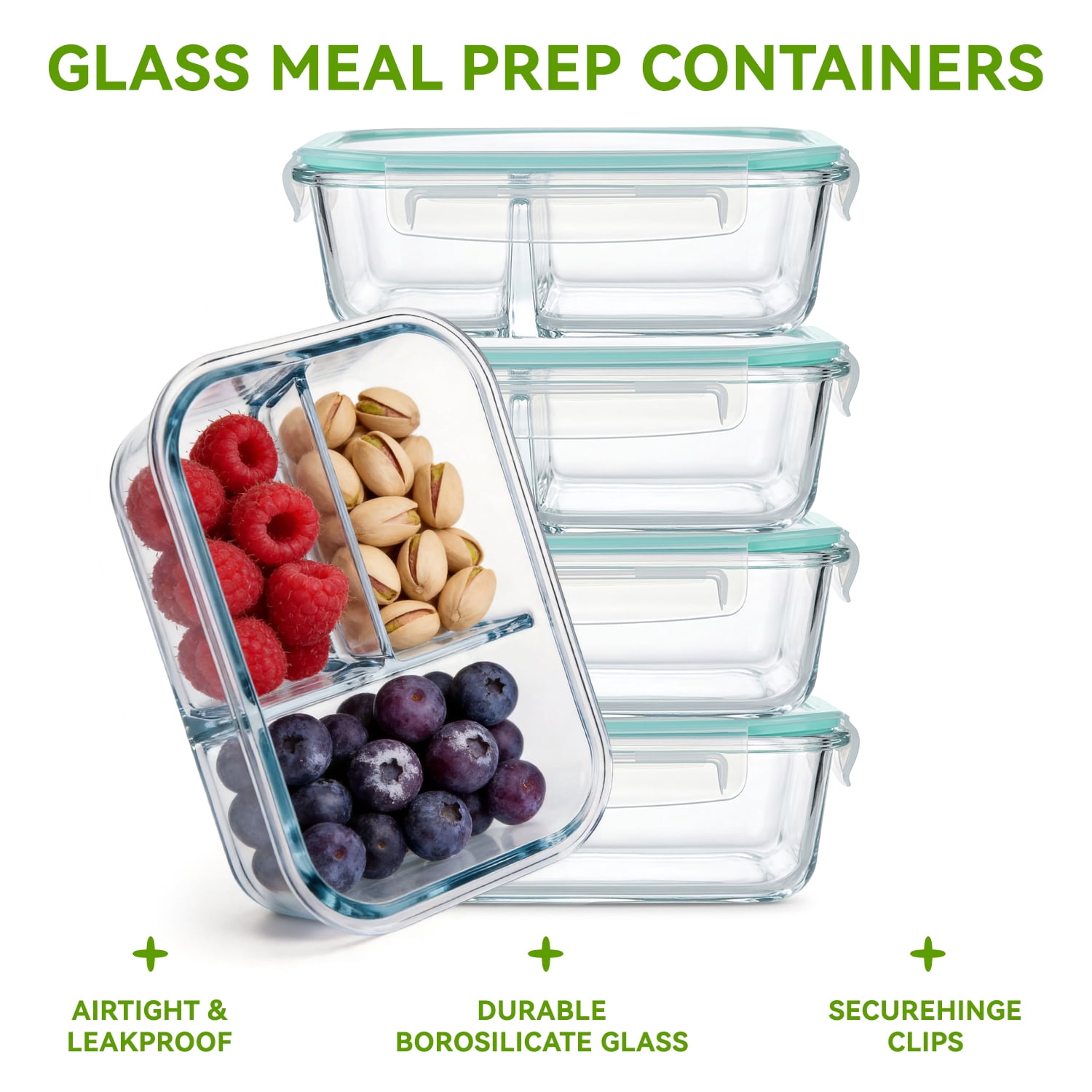 5 Pack 36oz Glass Meal Prep Containers with Lids, 1&2&3 Compartment Airtight Glass Food Storage, Microwave & Dishwasher Safe, Blue