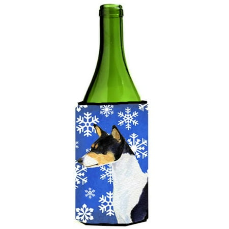 

Basenji Winter Snowflakes Holiday Wine bottle sleeve Hugger - 24 oz.