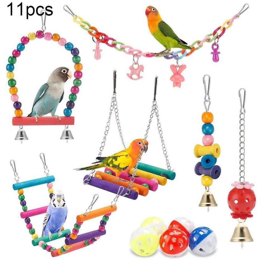 11-Piece Natural Wood Bird Cage Toys Set for Parrots, Parakeets, Cockatiels - Chewable Swing, Beads, and Foraging Fun
