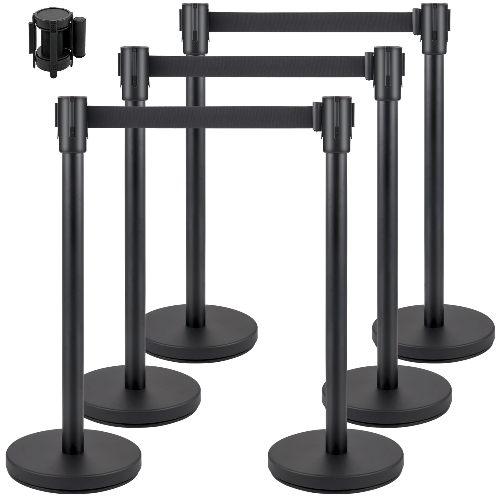 KFFKFF Crowd Control Stanchion, Set of 6 Pieces Stanchion Set, Stanchion Set with 6.6 ft/2 m Black Retractable Belt, Black Crowd Control Barrier w/Concrete and Metal Base – Easy Connect Assembly