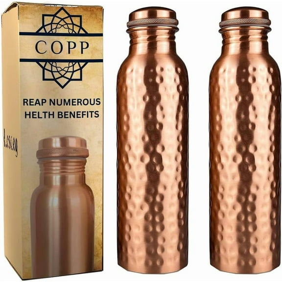 Copper Water Bottle And Glass Extra Large A Hammered Ayurvedic Pure Copper Drink More Water Lower Your Sugar (Hammered Bottle Pack of 2)