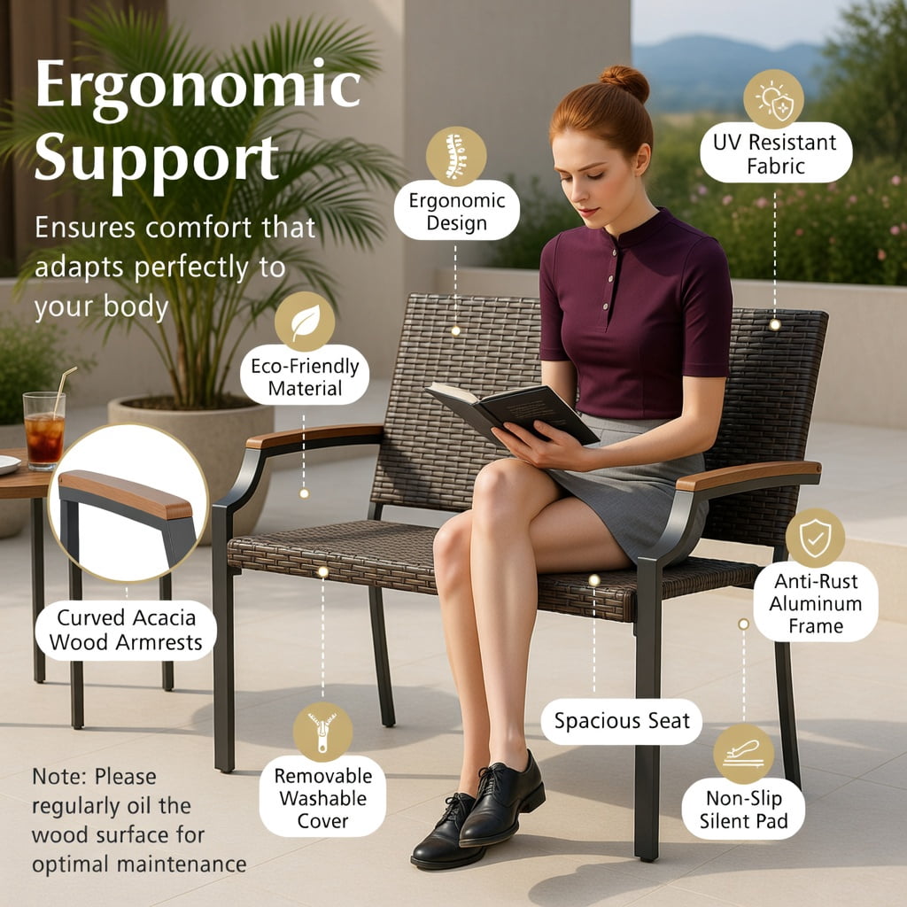 Hommoo Outdoor Wicker Loveseat with Acacia Wood Armrests & Heavy-Duty Metal Frame, PE Rattan Stackable Patio Sofa for Backyard, Porch, Garden, Brown