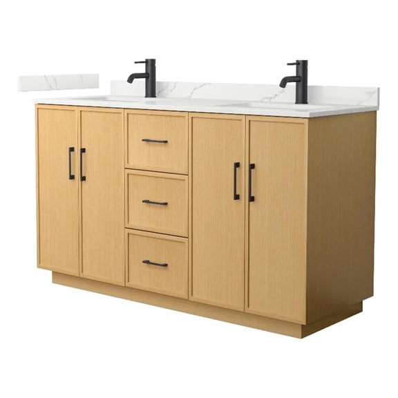 Elan TK 60" Light Oak Double Vanity Giotto Quartz Top (1-Hole) & Black Trim