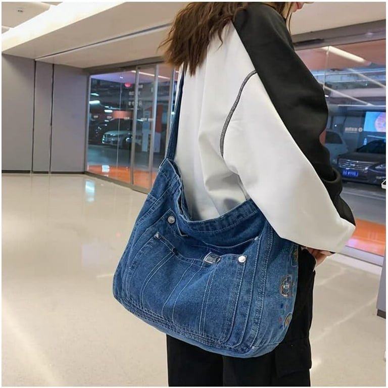Kukuzhu Cutecore Preppy Crossbody Bag Kawaii Japanese Shoulder Bag Large Jeans Denim Hand Bag Cottagecore Purse Dark Blue One size