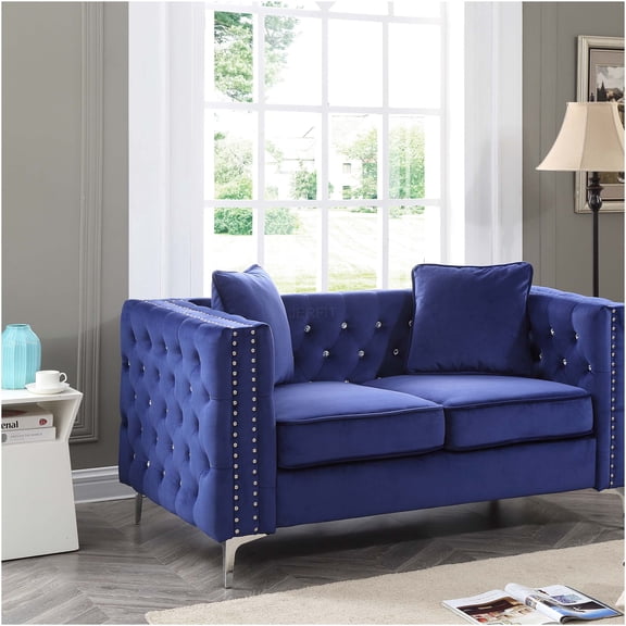JERFIT Modern Velvet Loveseat Sofa for Small Spaces, Blue Upholstered Couch with Track Arms and Foam Cushions for Living Room, Apartment