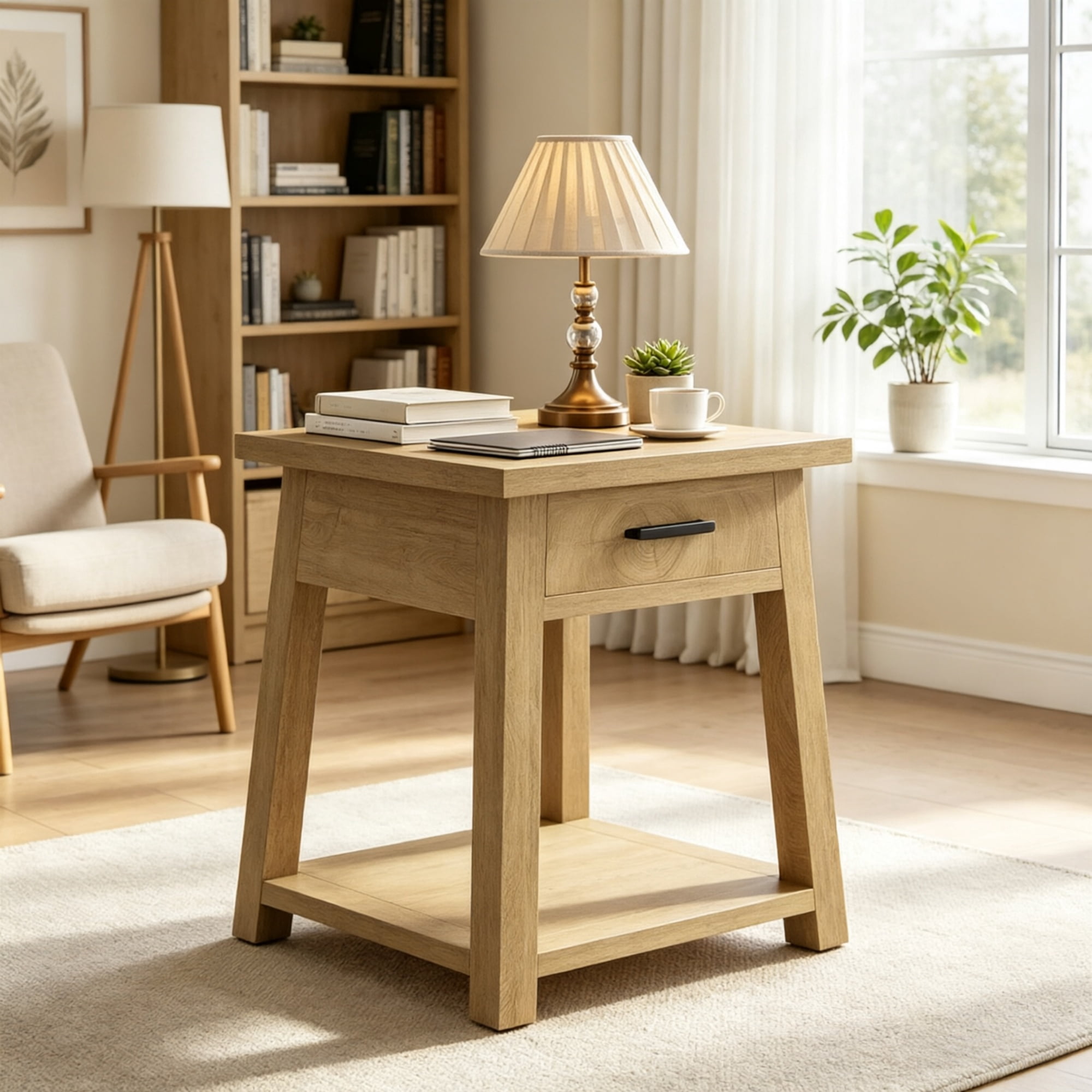2 Tier End Table with Drawer Wooden Side Table with Shelf Storage