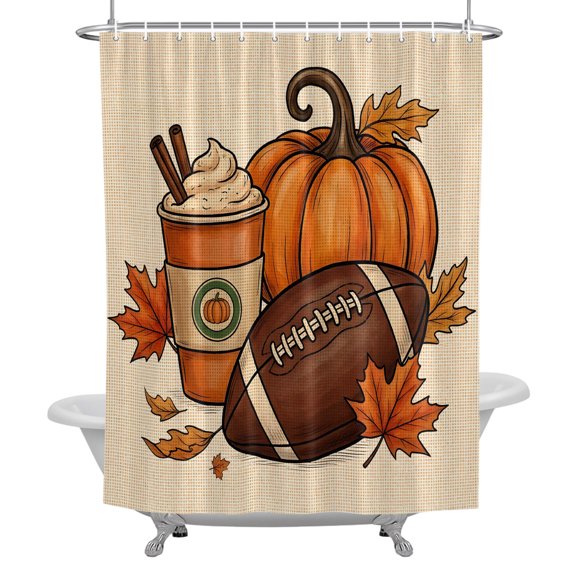 Bathroom Shower Curtain Autumn Thanksgiving Pumpkin Waterproof Shower Curtains with Hooks, Football on Retro Linen Bath Curtains Bathtub Curtain Home Decor 36x72in