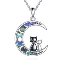 Cat Necklace 925 Sterling Silver Cat Moon Pendant Abalone Shell Jewelry Gifts for Women