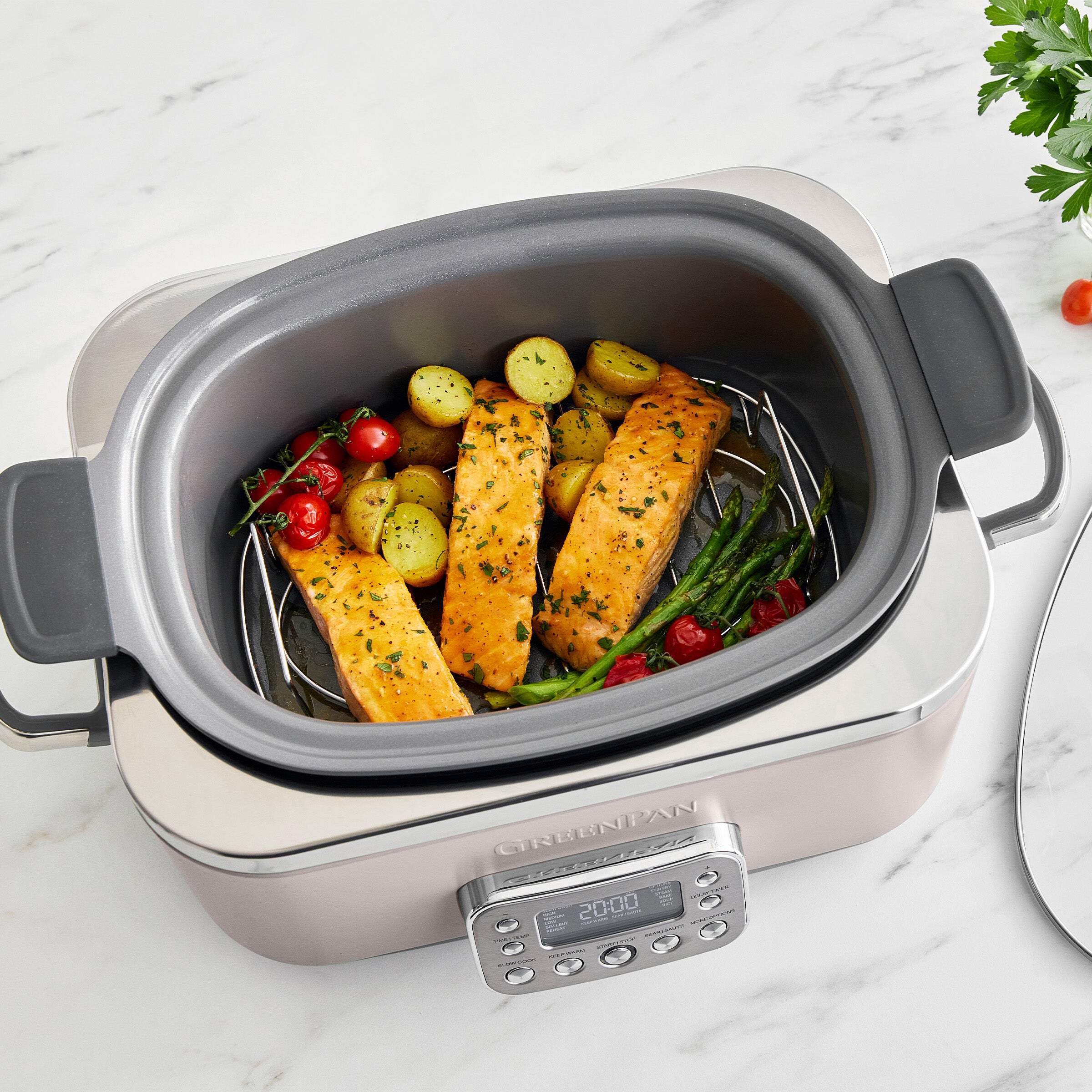 GreenPan 6-Quart, 14-in-1 Slow Cooker, Family Size, Ceramic Nonstick, Dishwasher Safe Parts, Cloud Grey