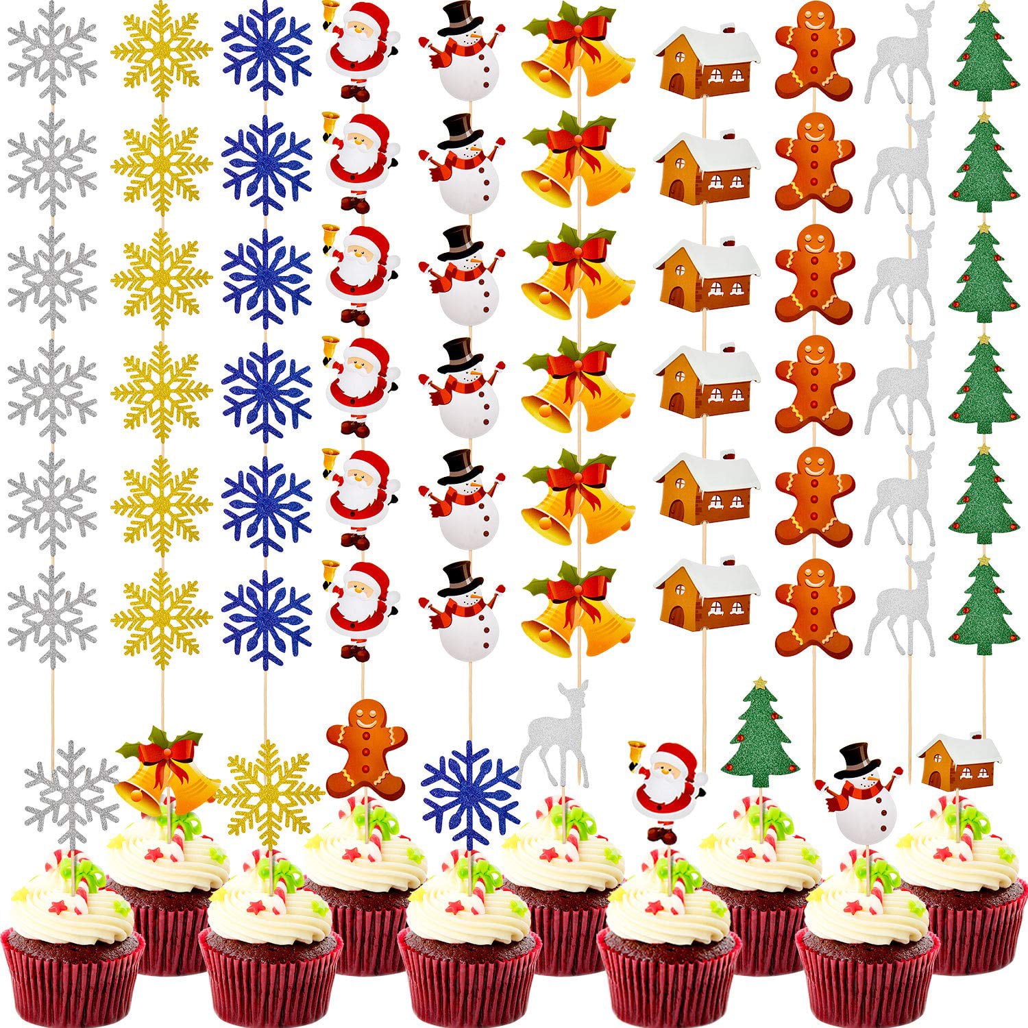 60 Pieces Christmas Cupcake Toppers Glitter Cake Picks Xmas Party Cupcake Cake Topper for Christmas Wedding Decoration Supplies 10 Styles