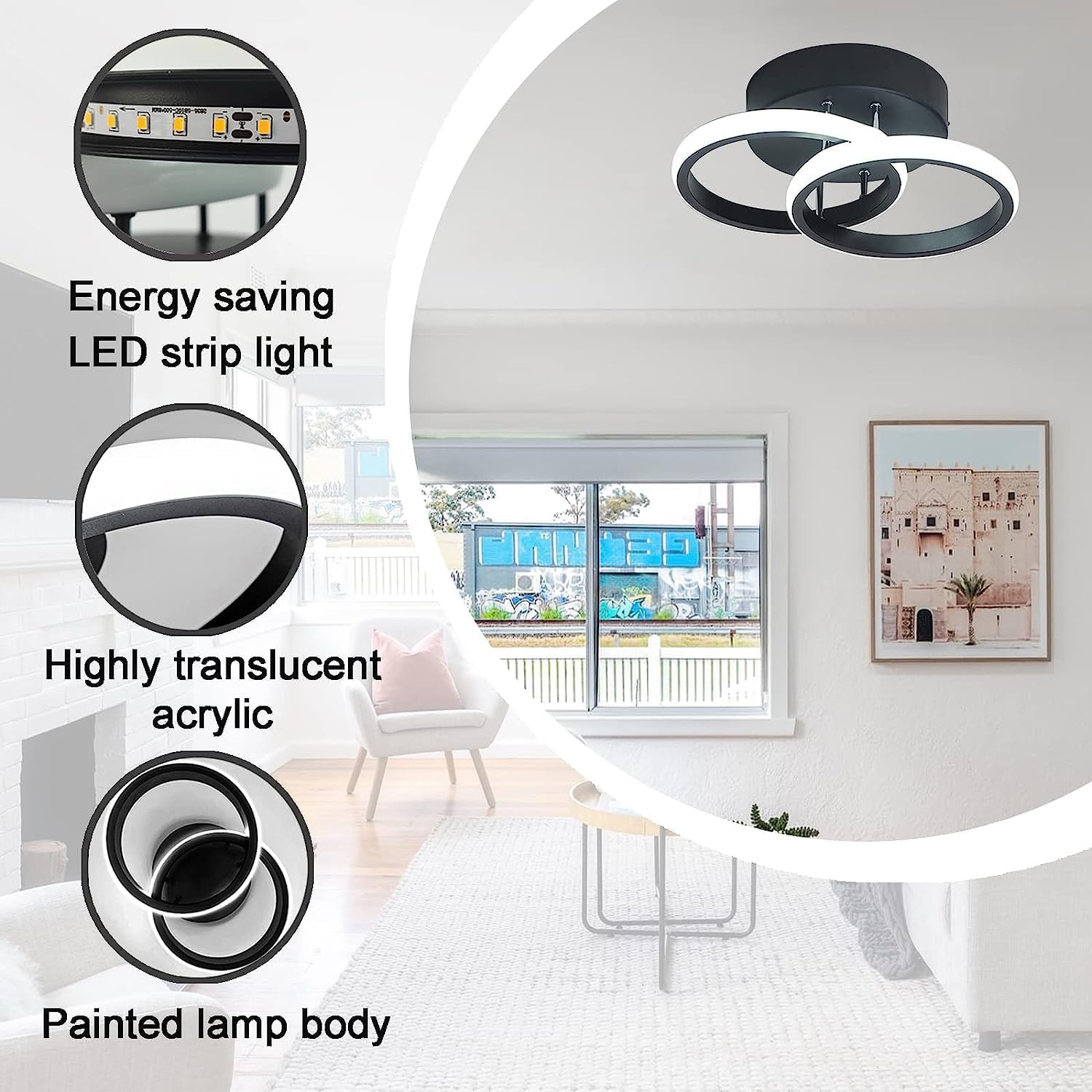 LED Ceiling Light Modern Ceiling Lamp Black Rings Simple Ceiling Light Fixture LED for Corridor Kitchen Stairs Hallway Study Room Bedroom Living Room，22W Cool White Light 6000K