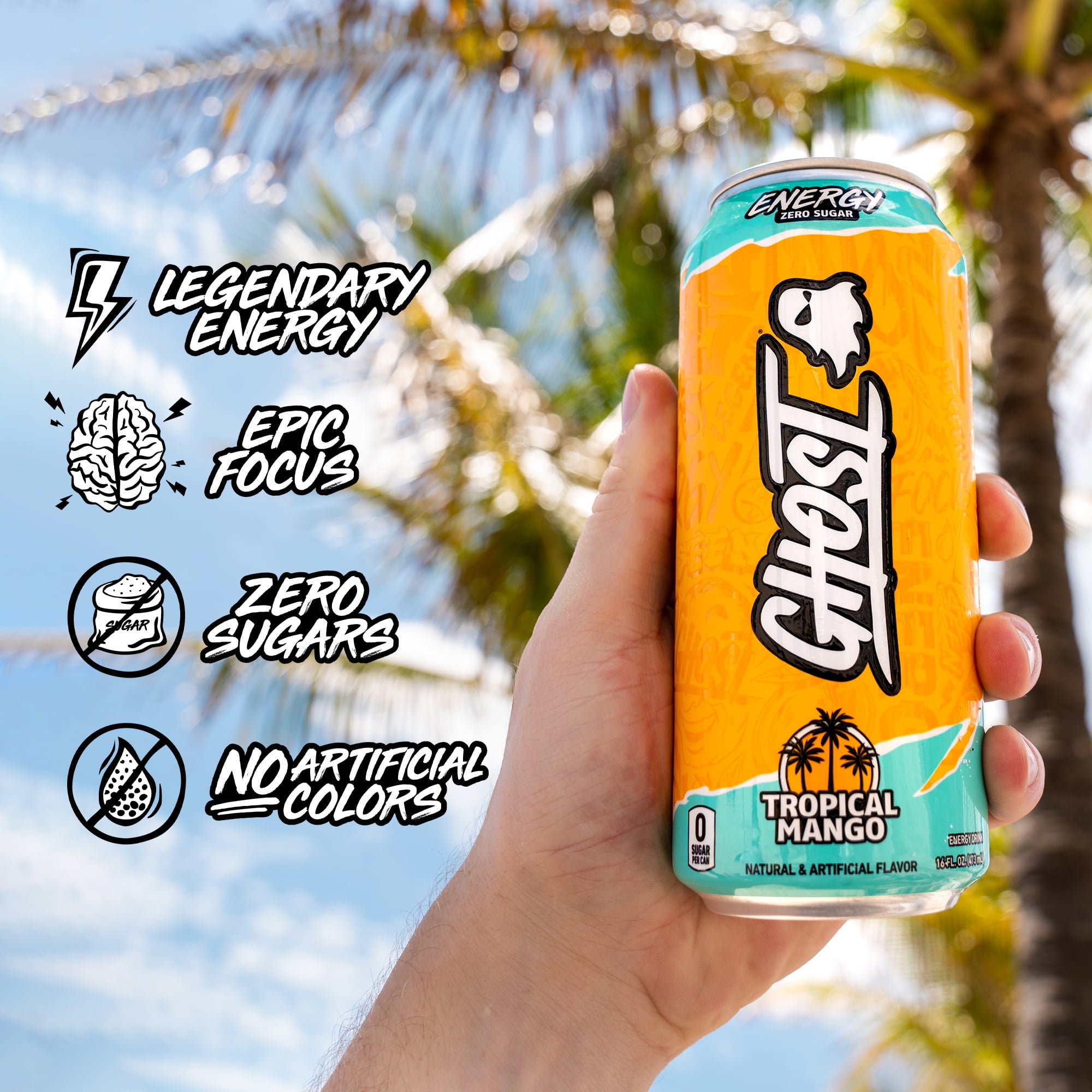 GHOST Zero Sugar Energy Drink, Tropical Mango, 16 oz Can, 12 Pk