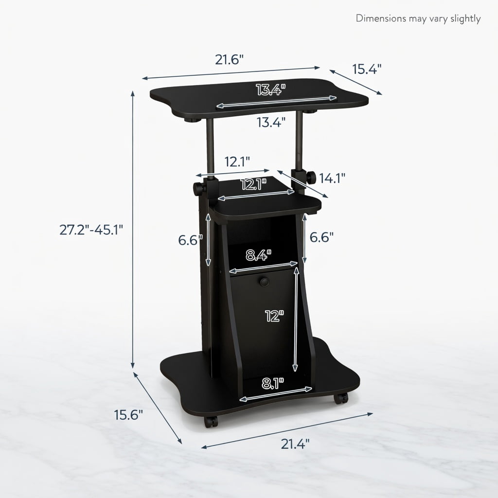 Topcobe Adjustable Mobile Standing Desk Cart with Tilt Desktop and Cabinet, Perfect Addition to Home, Office, Kitchen, Dining Room, Black