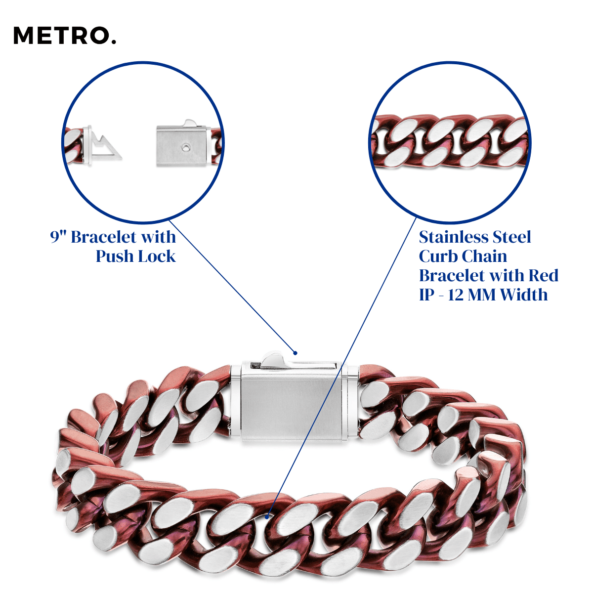 Curb Chain Bracelet for Men in Stainless Steel with Red Ion Plating - 9 Inches Long 12 MM Wide with Push Lock