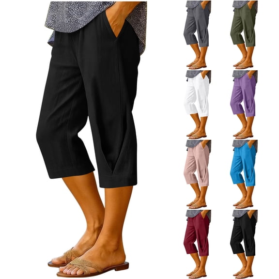 Nkmbld Women's Capri Relaxed Bandage Waist with Pocket Solid Cropped Capris Pants
