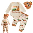 thumbnail image 5 of Ulanda Thanksgiving Baby Girl Boy Outfits Turkey Romper Pants Set Hat 3pcs Newborn Infant Baby Girl Boy Clothes Set (Khaki, 6-9 Months), 5 of 9