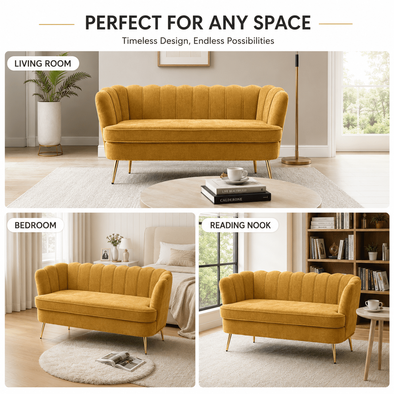 MOONMISS Chenille 2-Seater Loveseat with Gold Legs,Scallop-Tufted Curved-Back Sofa for the Living Room or Bedroom,Yellow
