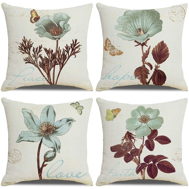 Funda de almohada 45x45, juego de lino de algodón de 4 piezas Decoración de sofá Textiles para el hogar Funda de almohada súper suave Textiles para el hogar Sala de estar Dormitorio Sofá Plantas verdes ER