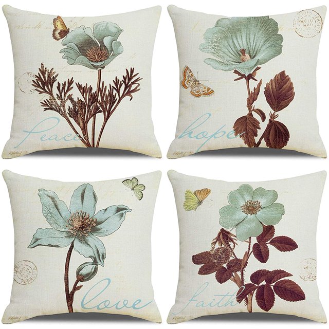 Funda de almohada 45x45, juego de lino de algodón de 4 piezas Decoración de sofá Textiles para el hogar Funda de almohada súper suave Textiles para el hogar Sala de estar Dormitorio Sofá Plantas verdes ER