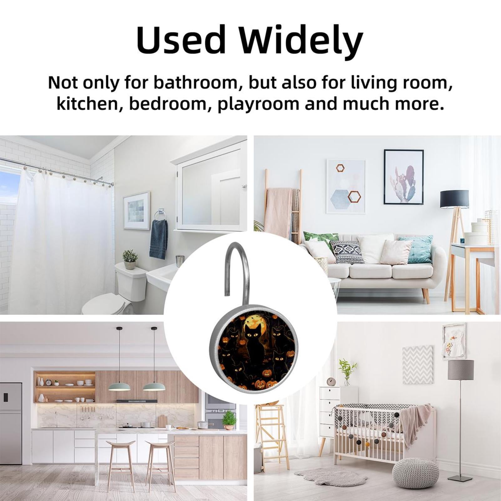 12pcs Decorative Shower Curtain Hooks, Rust Resistant Shower Rings for Bathroom Living Room,Rustproof Stainless Steel Rings for Shower Curtain and Liner Rods,Halloween Cat P