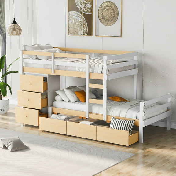 Bed Frame Twin over Twin Loft Bunk Bed with Drawers and Ladder, Natural
