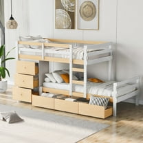 Bed Frame Twin over Twin Loft Bunk Bed with Drawers and Ladder, Natural