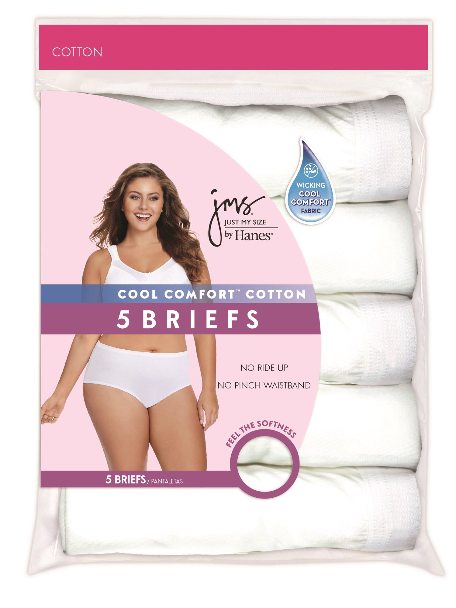 Just My Size Women's Plus Tagless White Cotton Briefs 5-Pack 