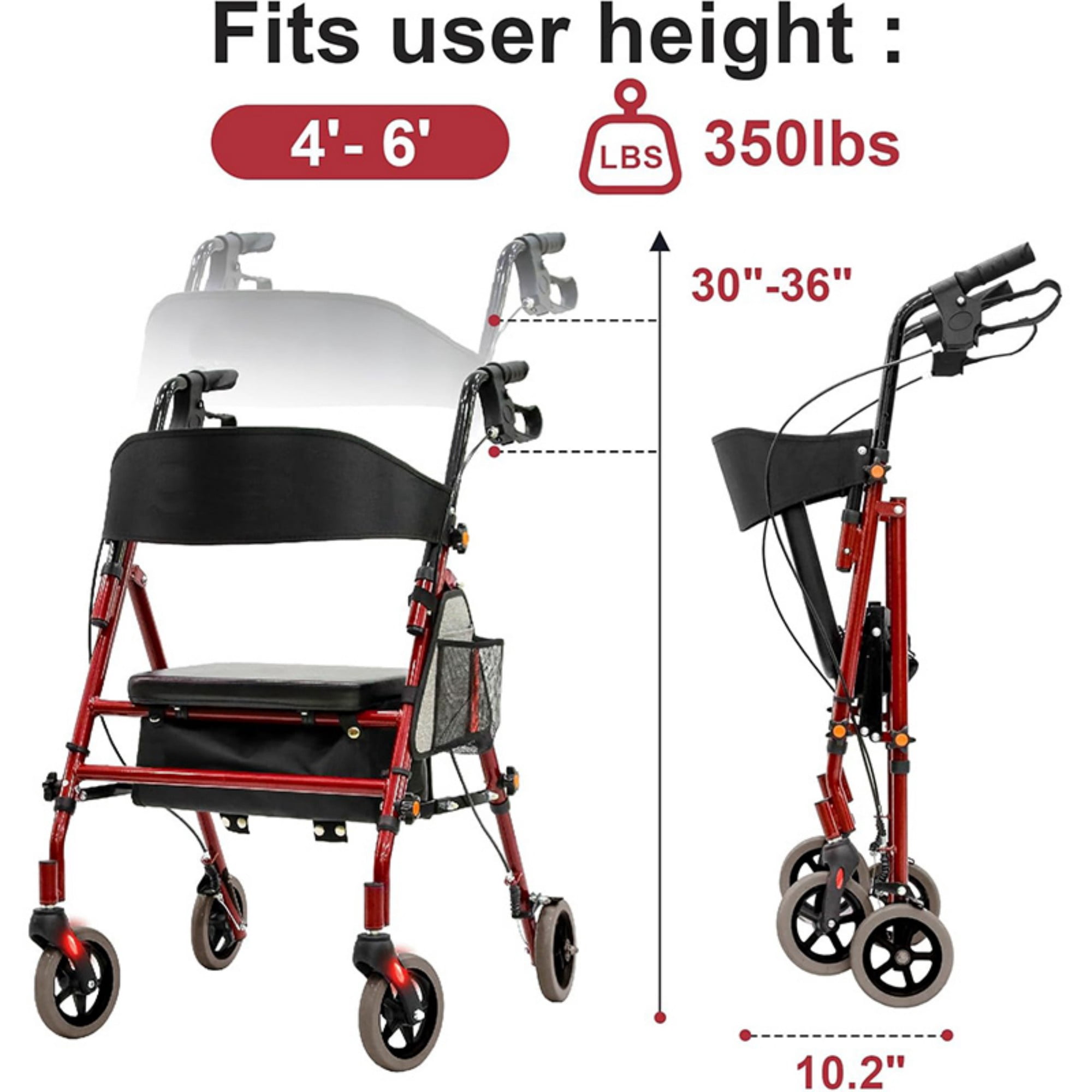 Lightweight Foldable Rollator Walker with Seat for Seniors, 350 lb Capacity, 5-Position Adjustable Height, Aluminum & Carbon Steel Frame, Red