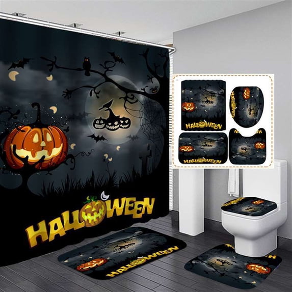 4PCS Shower Curtain Set, Halloween 3D Digital Printing Shower Curtain Waterproof Bath Curtain+Bath mat + Base mat + Toilet mat + 12pcs C-type Hooks hooks