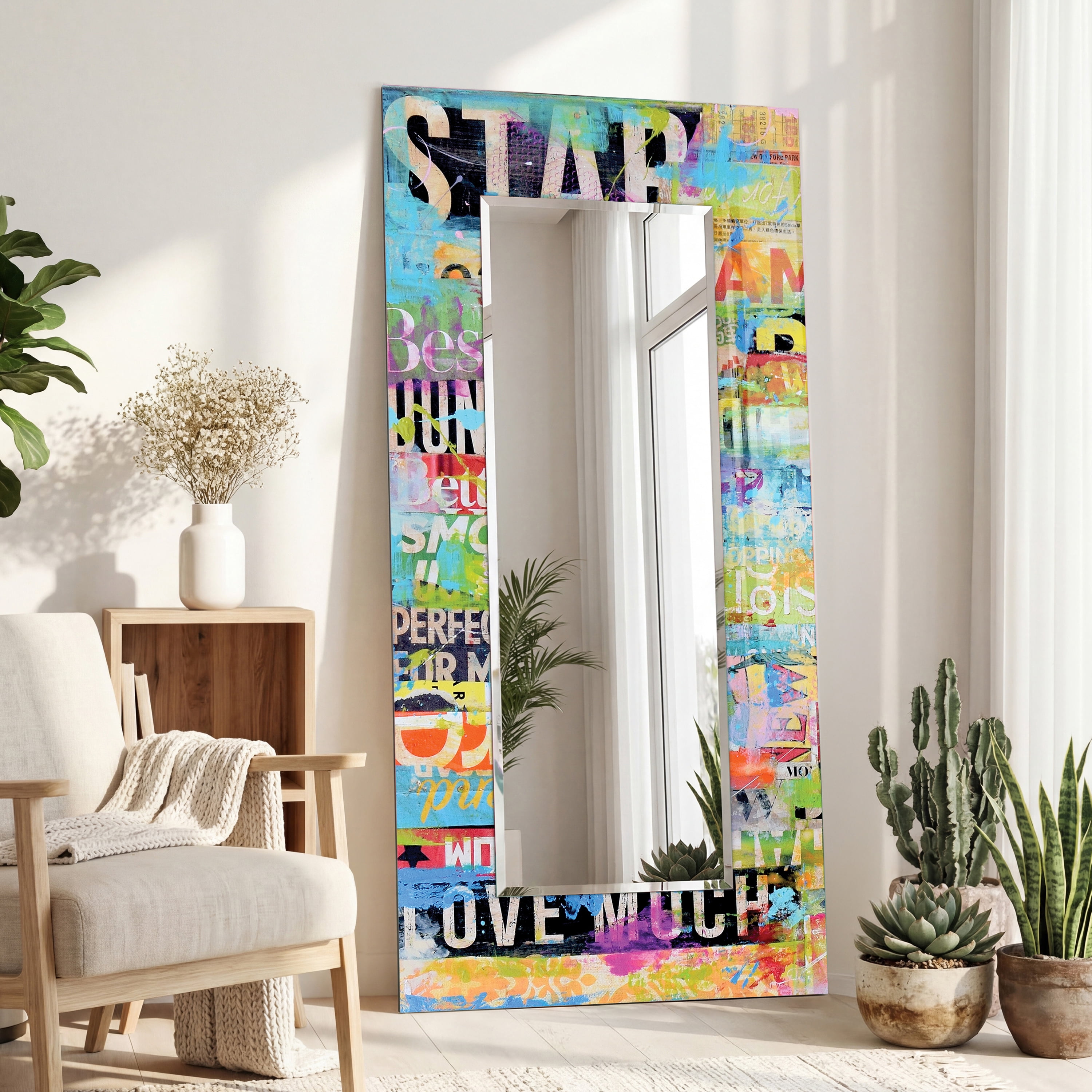 Empire Art Direct Metro Mix Rectangular Beveled Mirror on Free Floating Reverse Printed Tempered Art Glass, 72" x 36" x 0.4", Ready to Hang